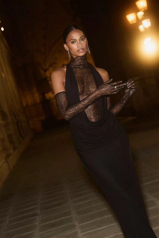 Deep V Lace Cut-Out Slim Long-Sleeve Party Dress
