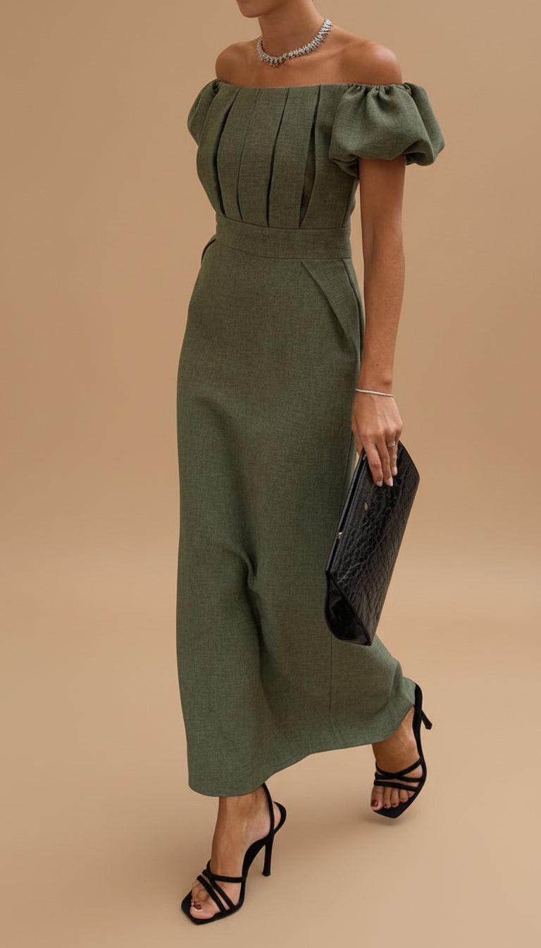 Green Off-Shoulder Puff Sleeve Pleated Bodice Column Maxi Dress