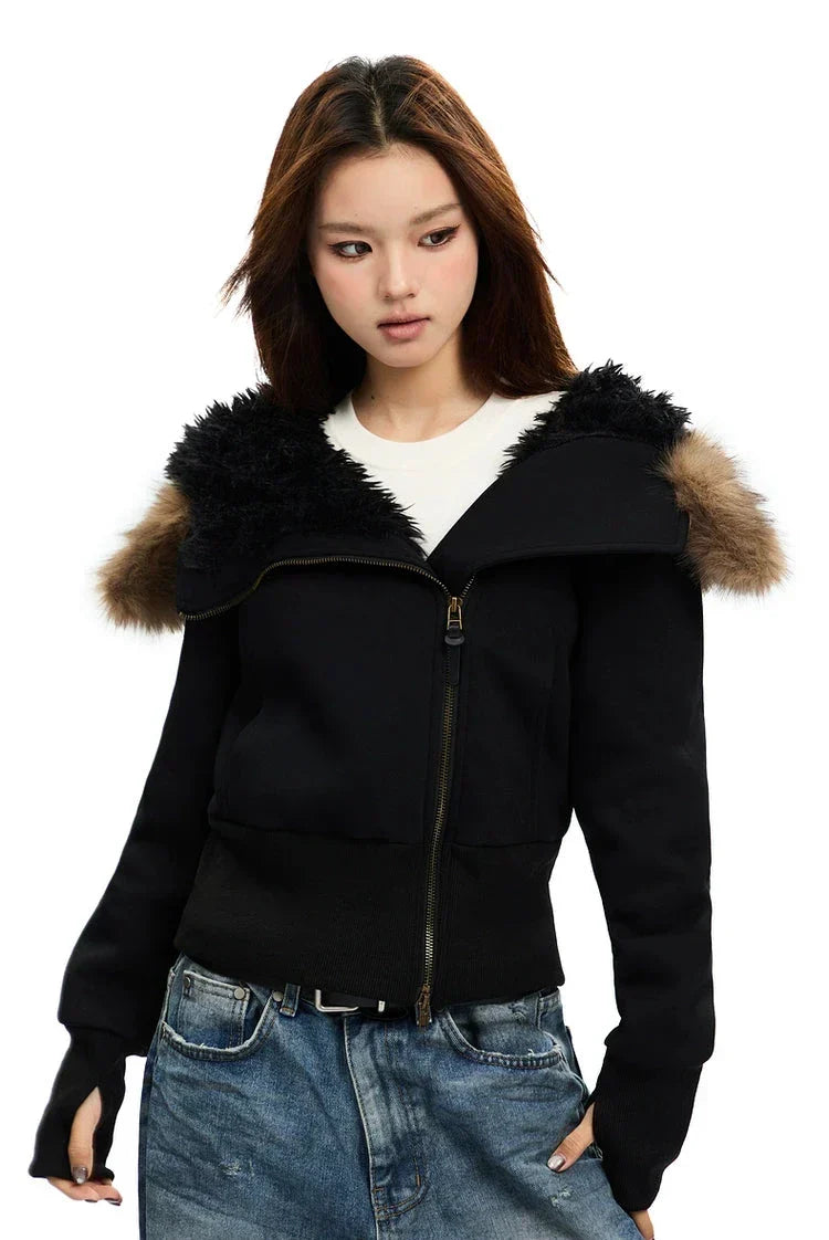 Fleece-Lined Hooded Fur-Collar Zip Short Jacket