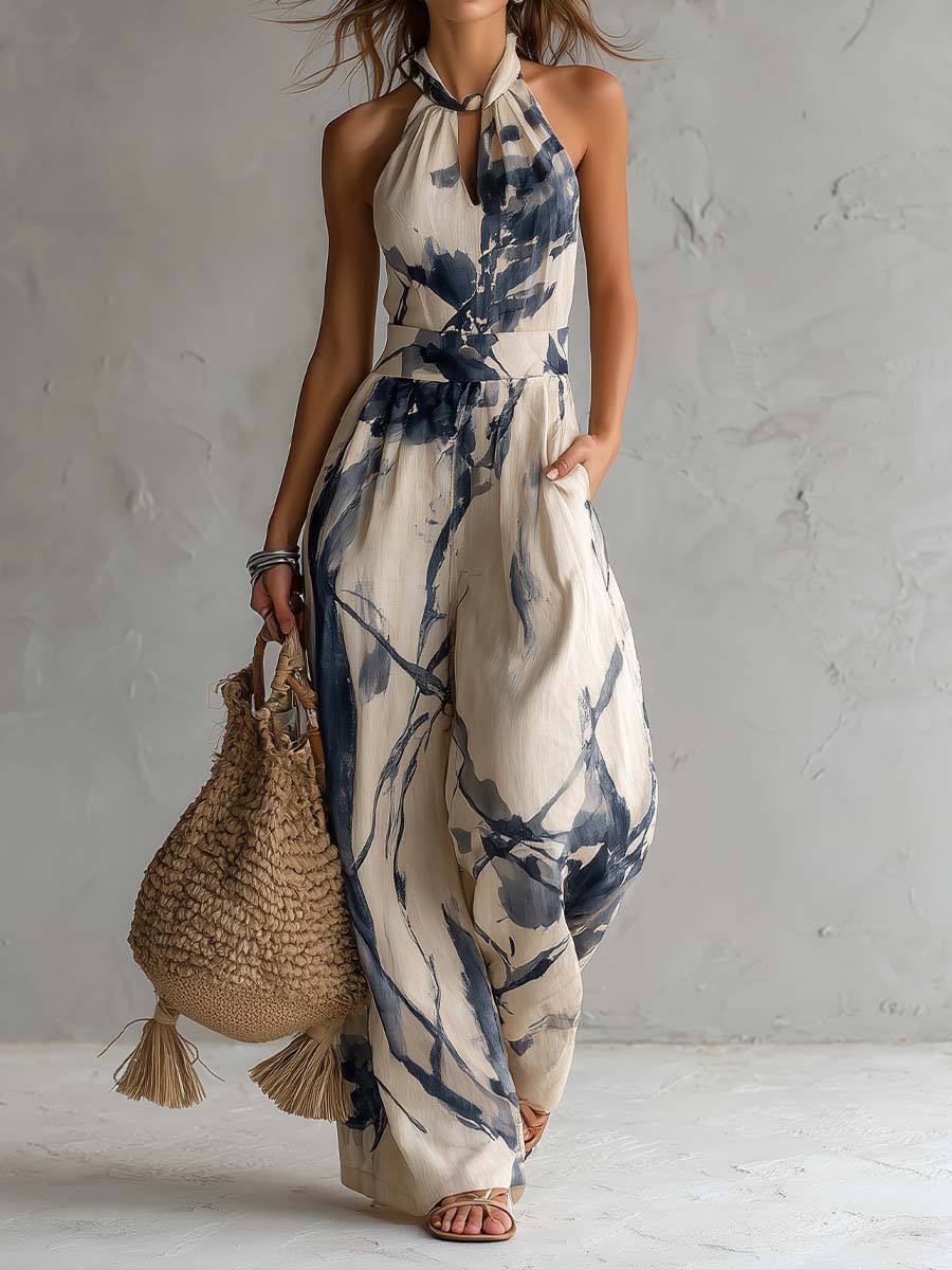 White/blue Halter Neck Keyhole Printed Wide Leg Jumpsuit