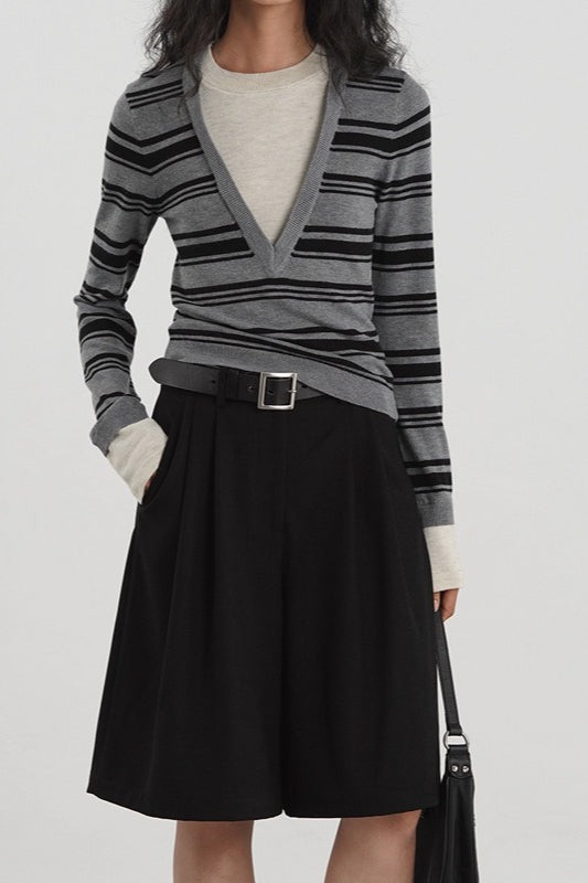 Striped Contrast Panel Deep VNeck Knit Top