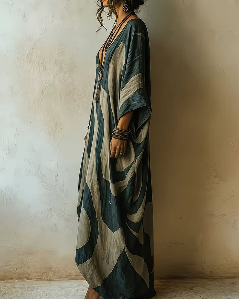 V-Neck Abstract Swirl Print Batwing Sleeve Oversized Kaftan Maxi Dress 2