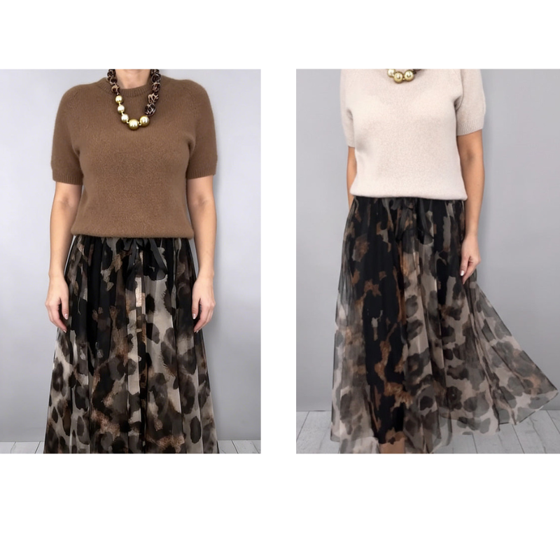 Crew Neck Short Sleeve Sweater And Leopard Flowy Maxi Skirt Set 8