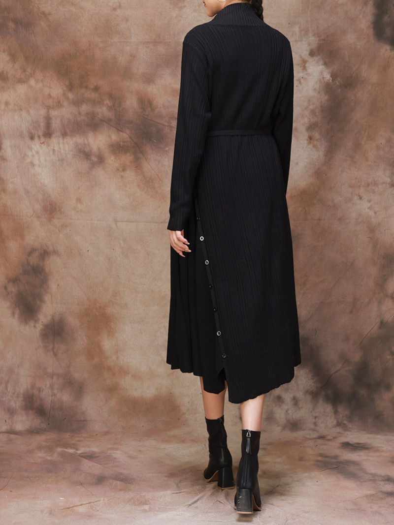 Mock Neck Long Sleeve Ribbed Knit Belted Sweater Midi Dress