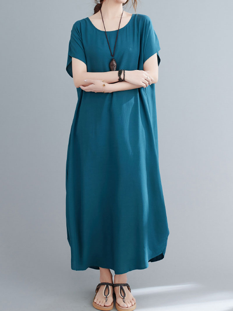 Round Neck Short Sleeve Loose Cocoon Maxi Dress 13