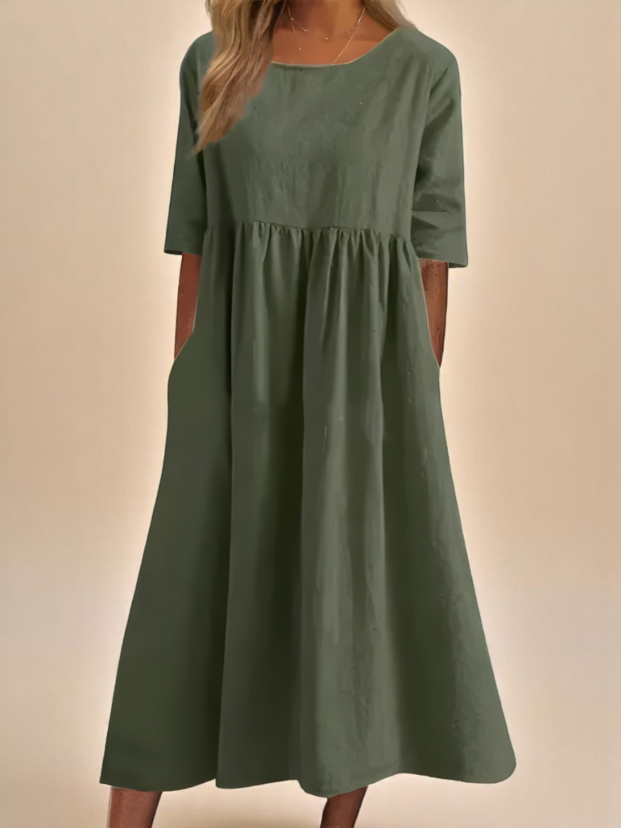 Round Neck Half Sleeve Empire Waist Pleated Pocket Midi Dress