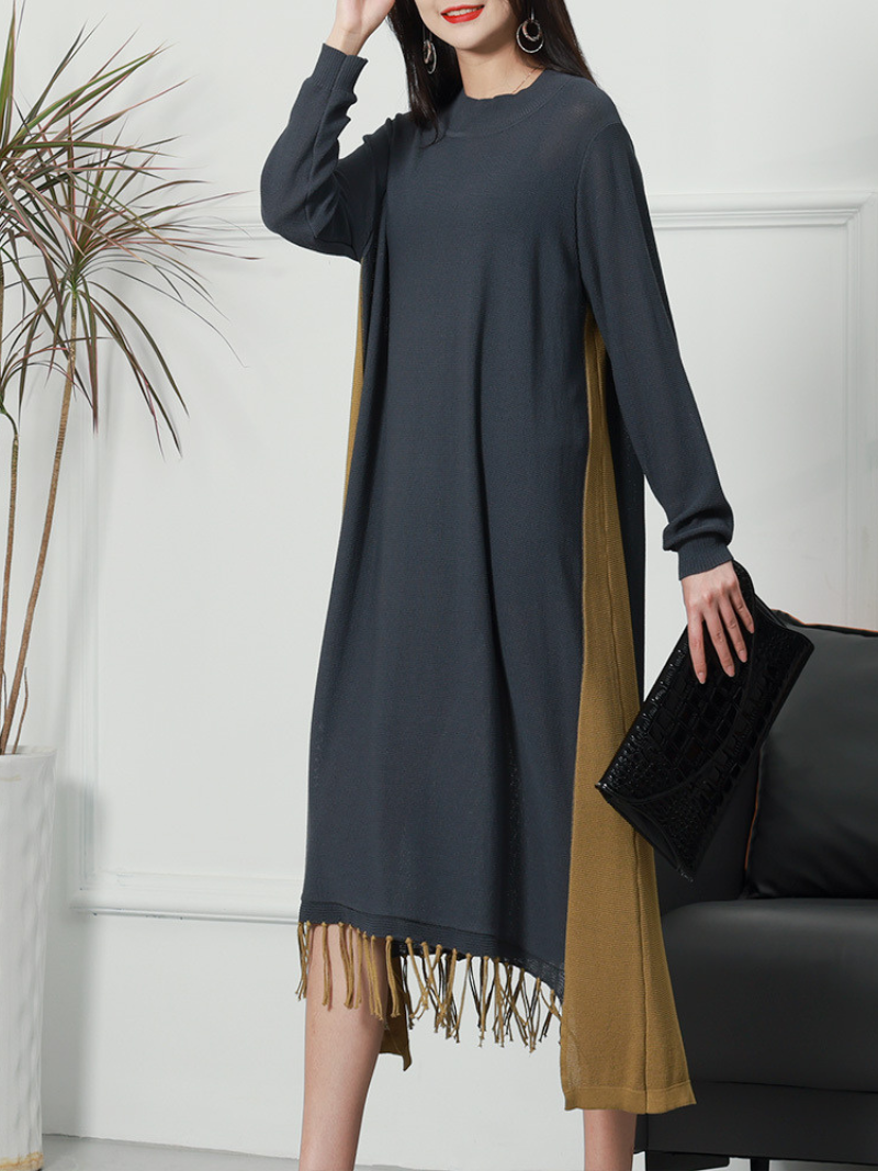 Round Neck Knit Fringe Hem Long Sleeve Loose Sweater Midi Dress 3