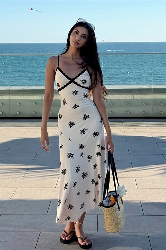 White Spaghetti Strap V Neck Lace Trim Ditsy Floral Print Slip Maxi Dress 4