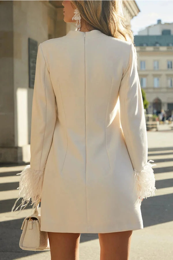 Lacey Minimalist Unforgettable Date Mini Dress with Feather Trim and Long Sleeves in H Line Evening Wear Edit