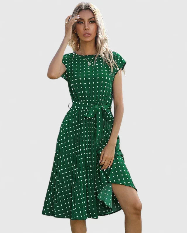 Round Neck Cap Sleeve Polka Dot Tie Waist Pleated Midi Dress 3