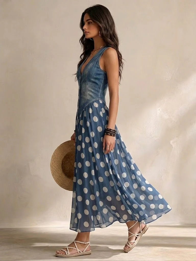 Blue V-Neck Denim Bodice Polka Dot Button-Front A-Line Maxi Dress 2