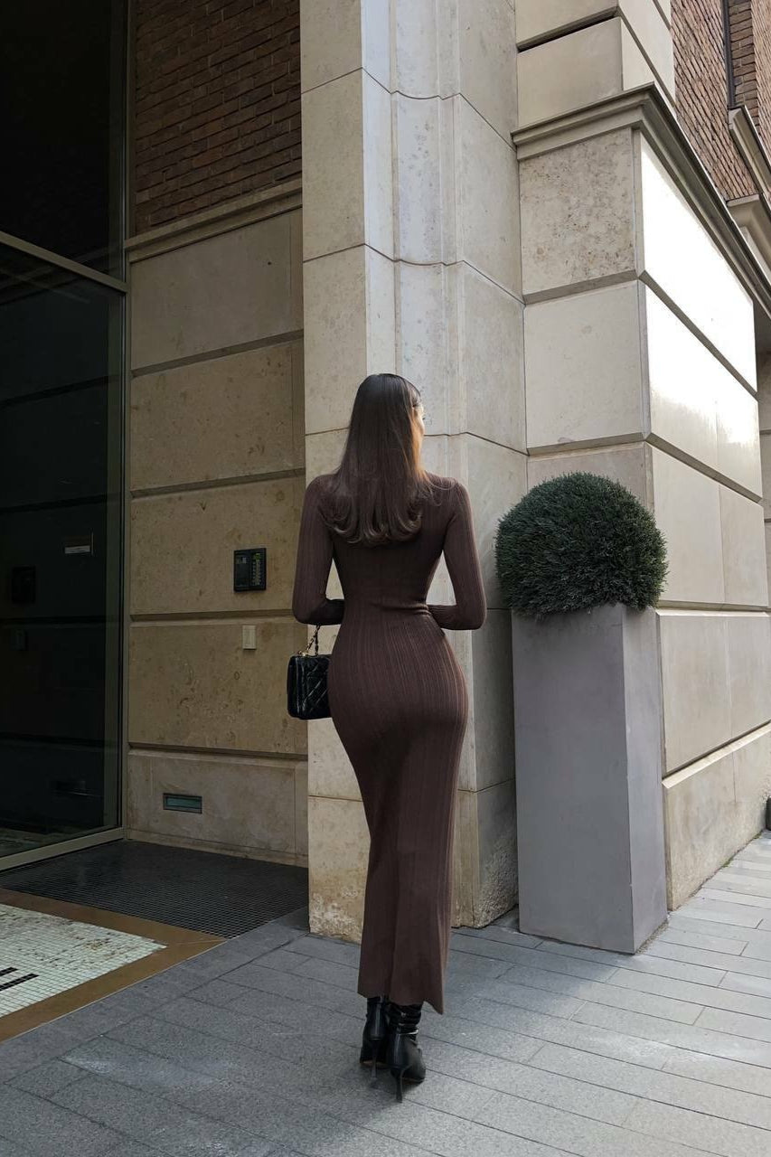 Turtleneck Striped Knit SlimFit Long Sleeve Sweater Dress