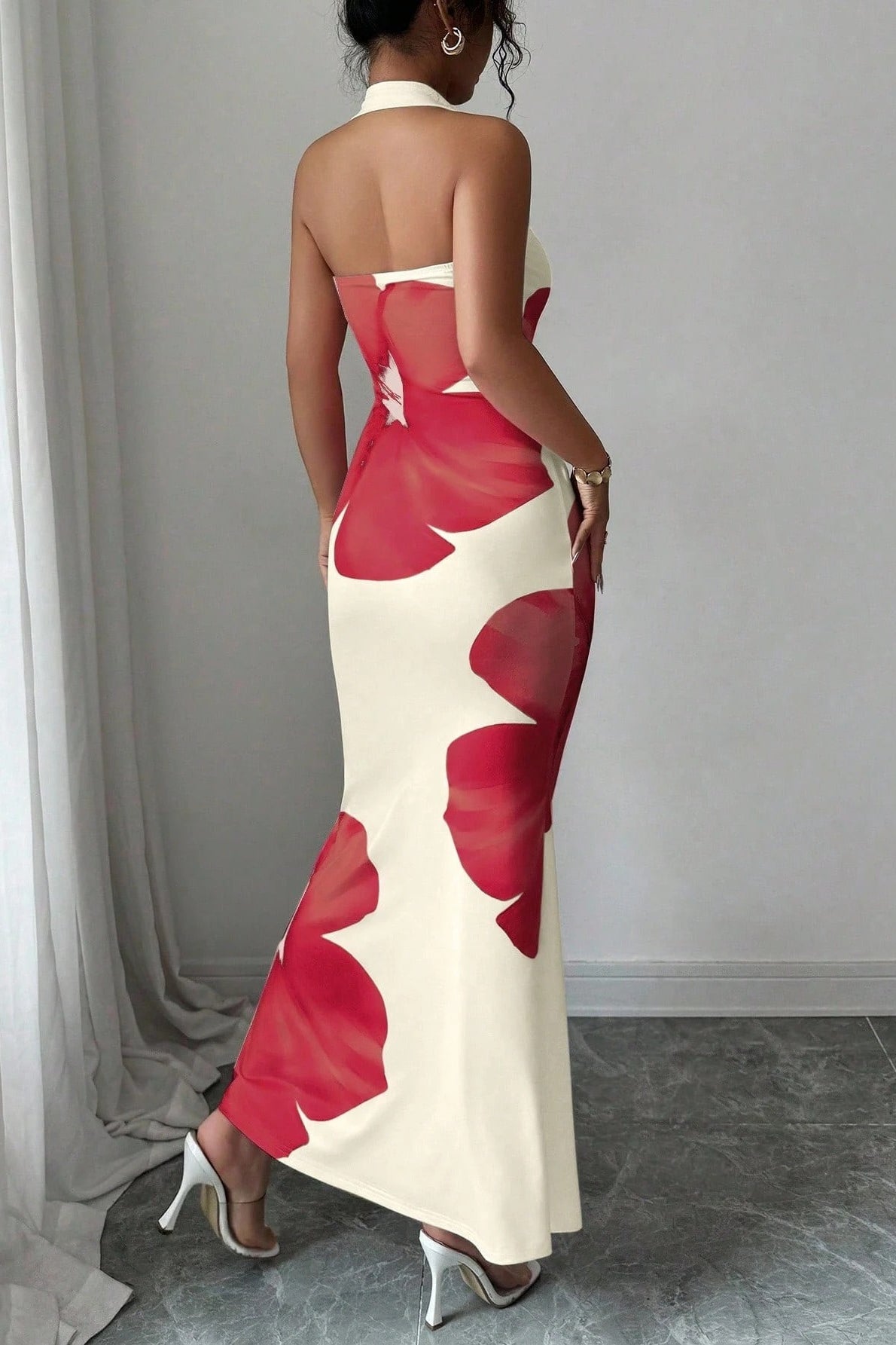 Halter Neck Wide Strap Large Floral Print Bodycon Maxi Dress 2