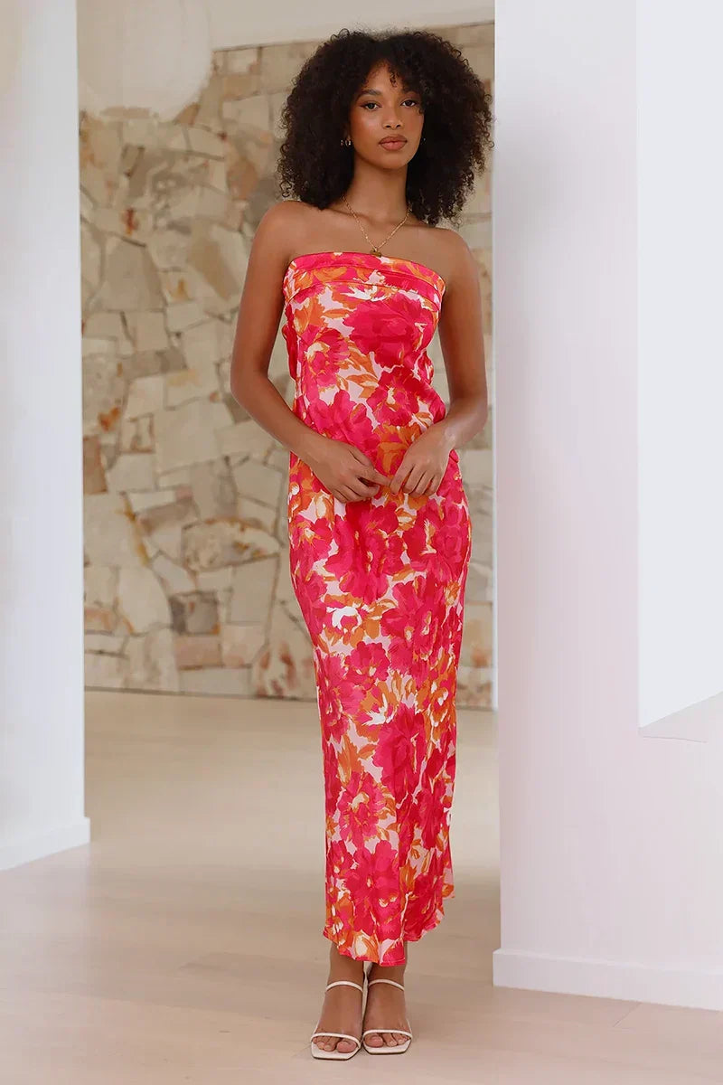 Hilda Minimalist Maxi Dress Rose/red Splatter Statement Occasion Edit