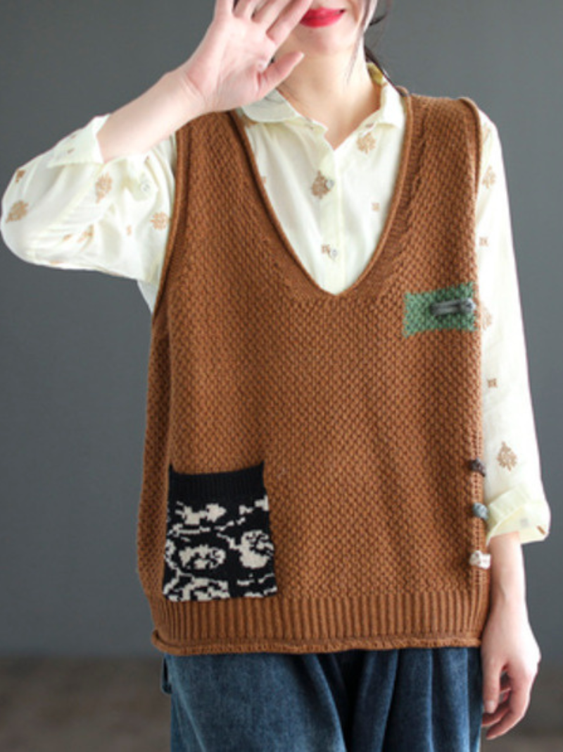 V-Neck Patch Pocket Knit Sleeveless Sweater Vest