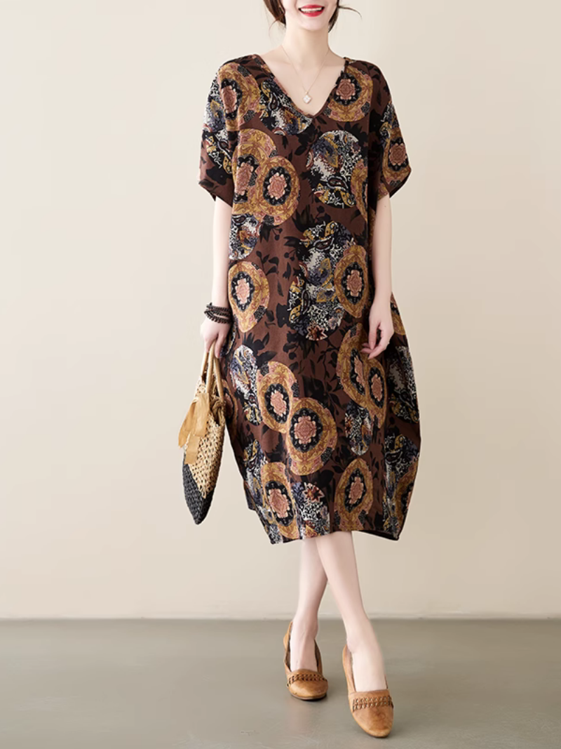 V-Neck Paisley Print Short Sleeve Loose Midi Dress