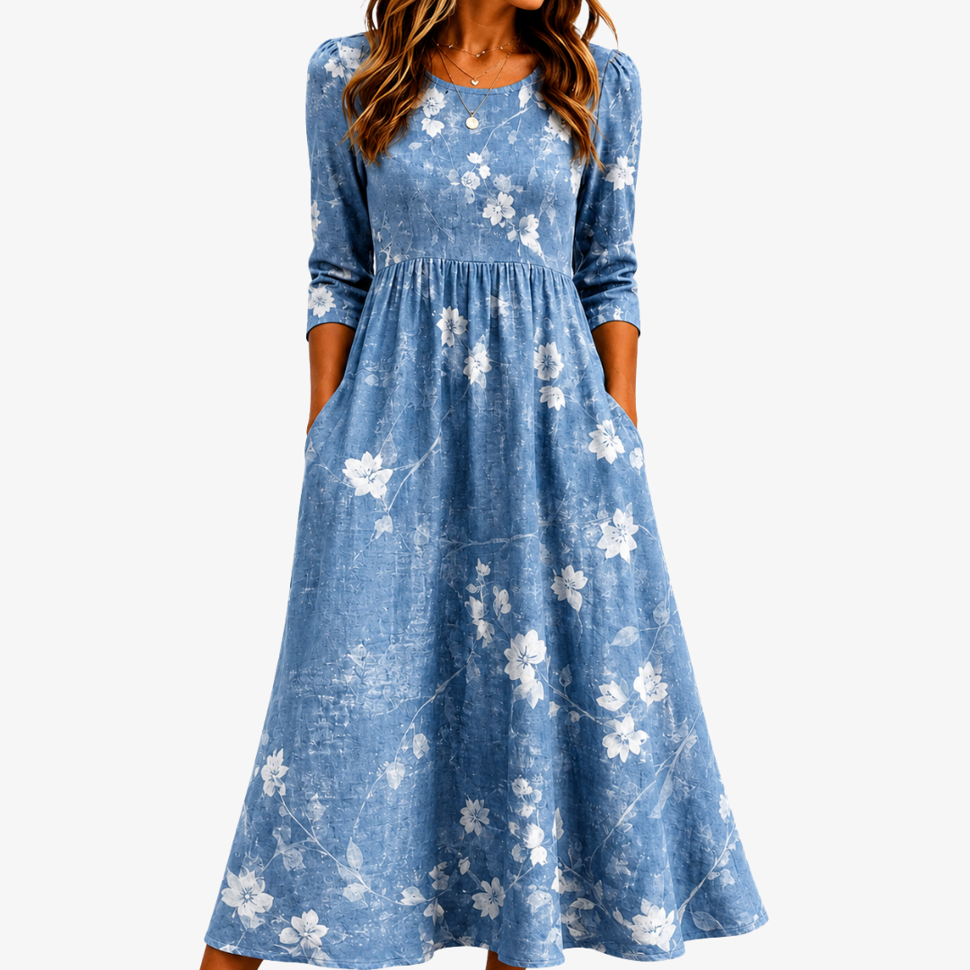 Round Neck Floral Puff Sleeve Empire Waist Pocket A-Line Midi Dress
