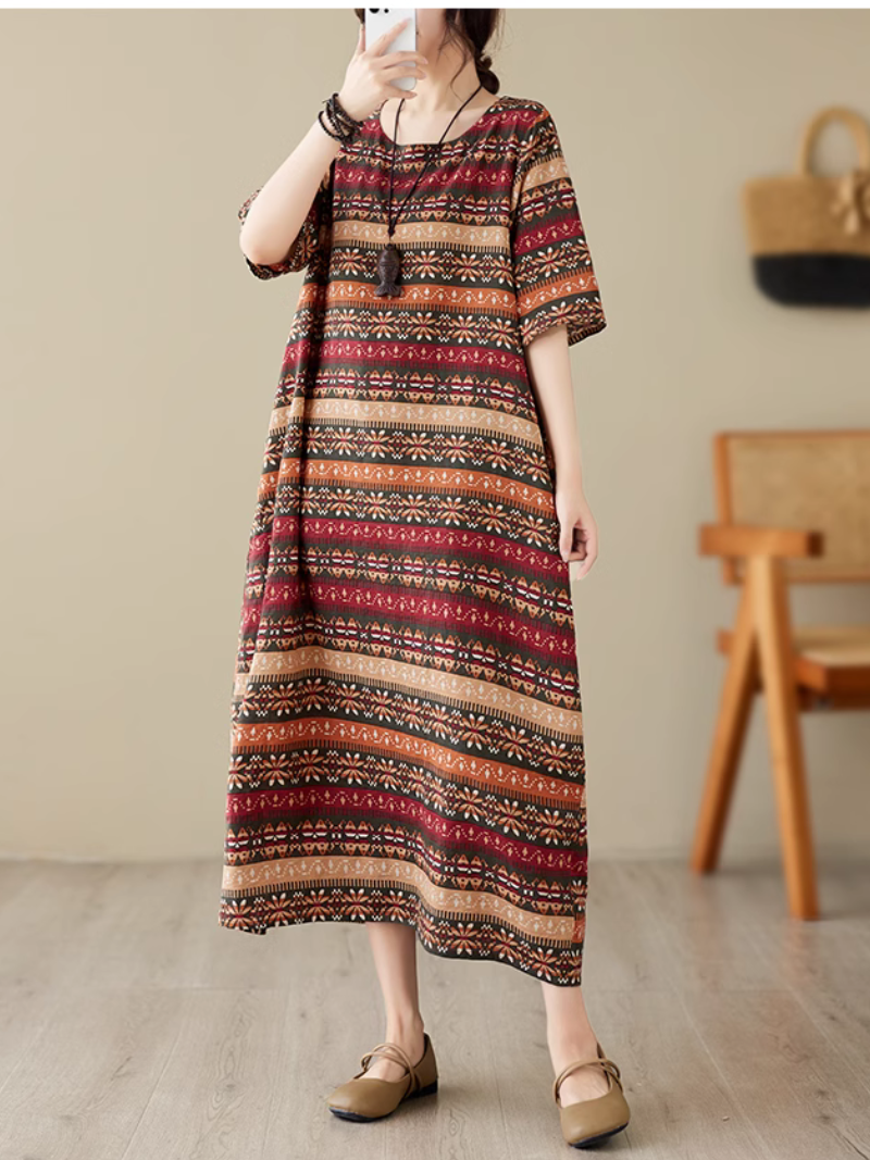 Round Neck Short Sleeve Ethnic Striped Loose A-Line Midi Dress
