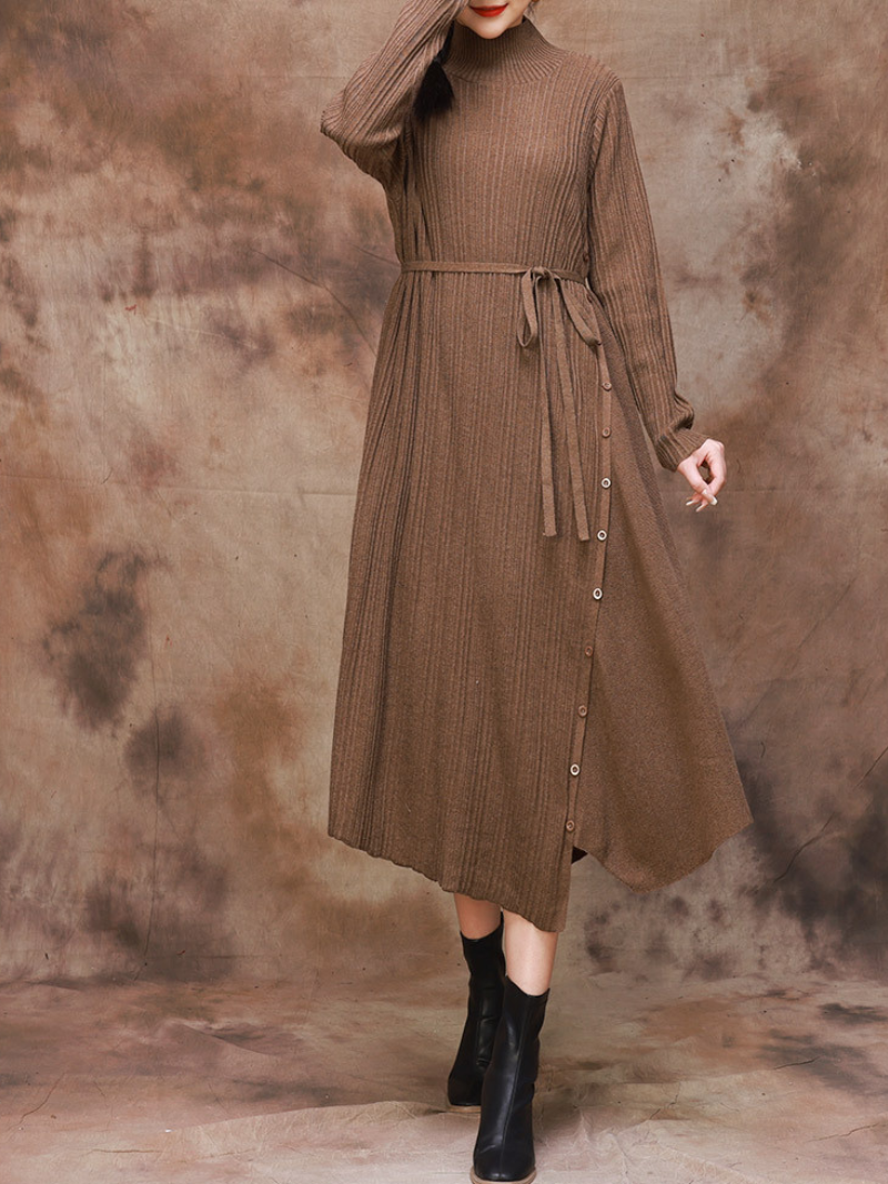 Mock Neck Long Sleeve Ribbed Knit Belted Sweater Midi Dress