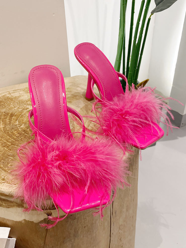 Feather Trim Square Toe Stiletto High Heel Mules