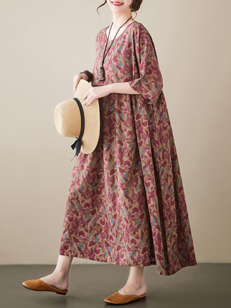Red Round Neck Short Sleeve Abstract Leaf Print Smock Maxi Dress 4