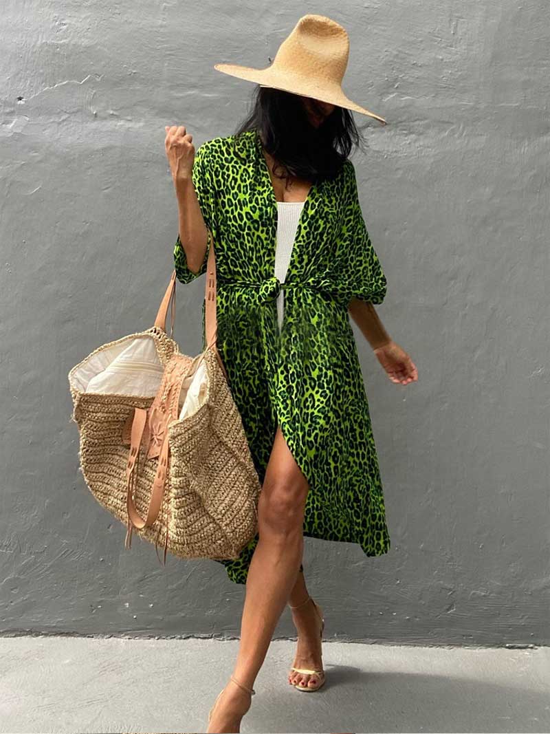 Tie-Dye Print Belted Short Sleeve Long Kimono Duster Robe 21