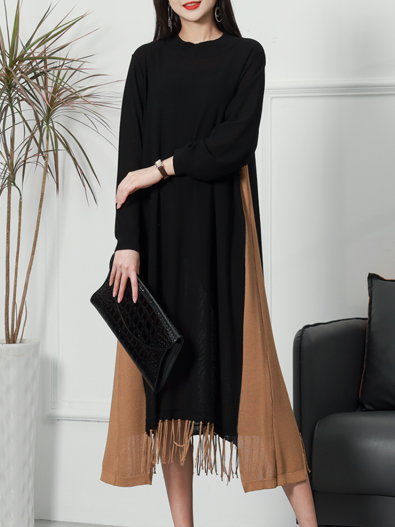Round Neck Knit Fringe Hem Long Sleeve Loose Sweater Midi Dress 8