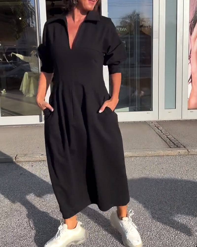 Black Collared V-Neck Puff Sleeve Pocket Cocoon Midi Dress 6
