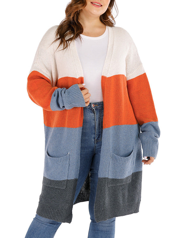 Multi Color Open Front Color Block Long Sleeve Patch Pocket Knit Cardigan