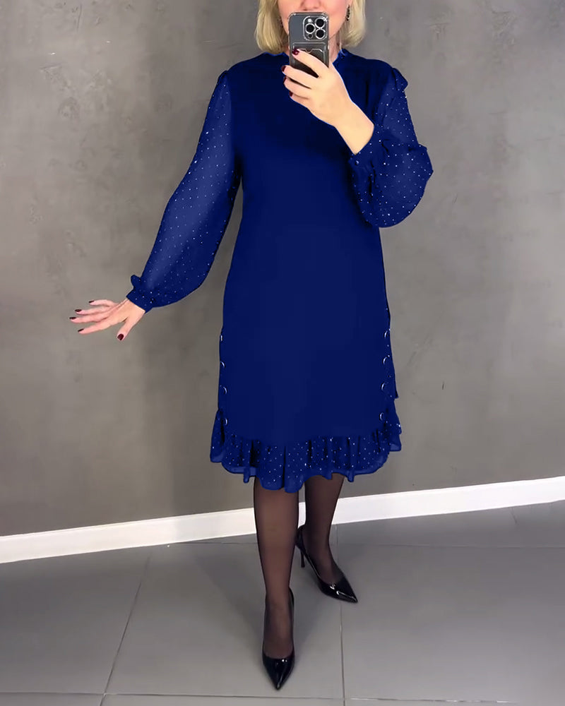 Round Neck Dot Mesh Sleeve Ruffle Hem Shift Midi Dress 2