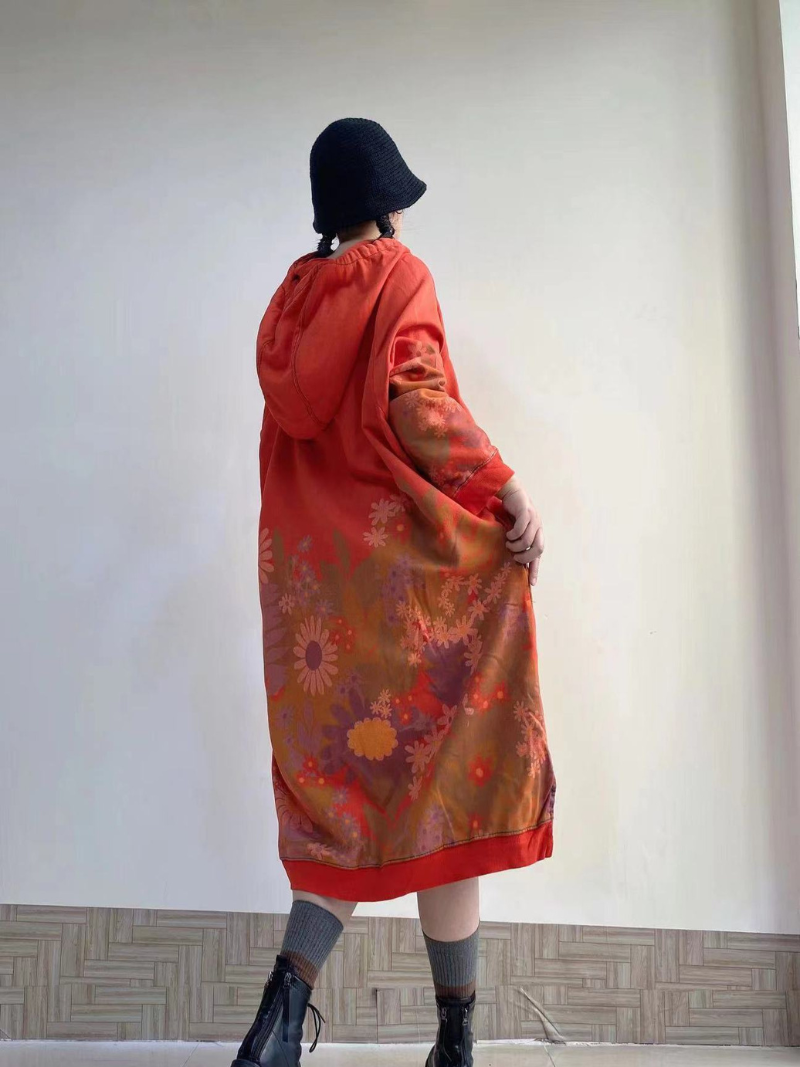 Hooded Floral Print Long Sleeve Oversized Sweatshirt Midi Dress 9