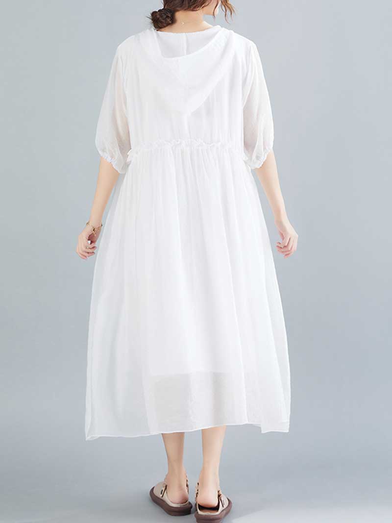 Hooded V-Neck Short Sleeve Pleated Loose A-Line Midi Dress 4