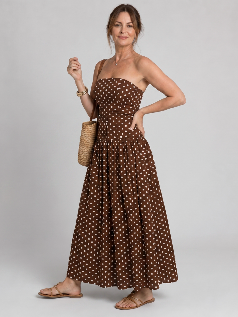 Brown Strapless Polka Dot Fitted Bodice Flared A-Line Maxi Dress 3