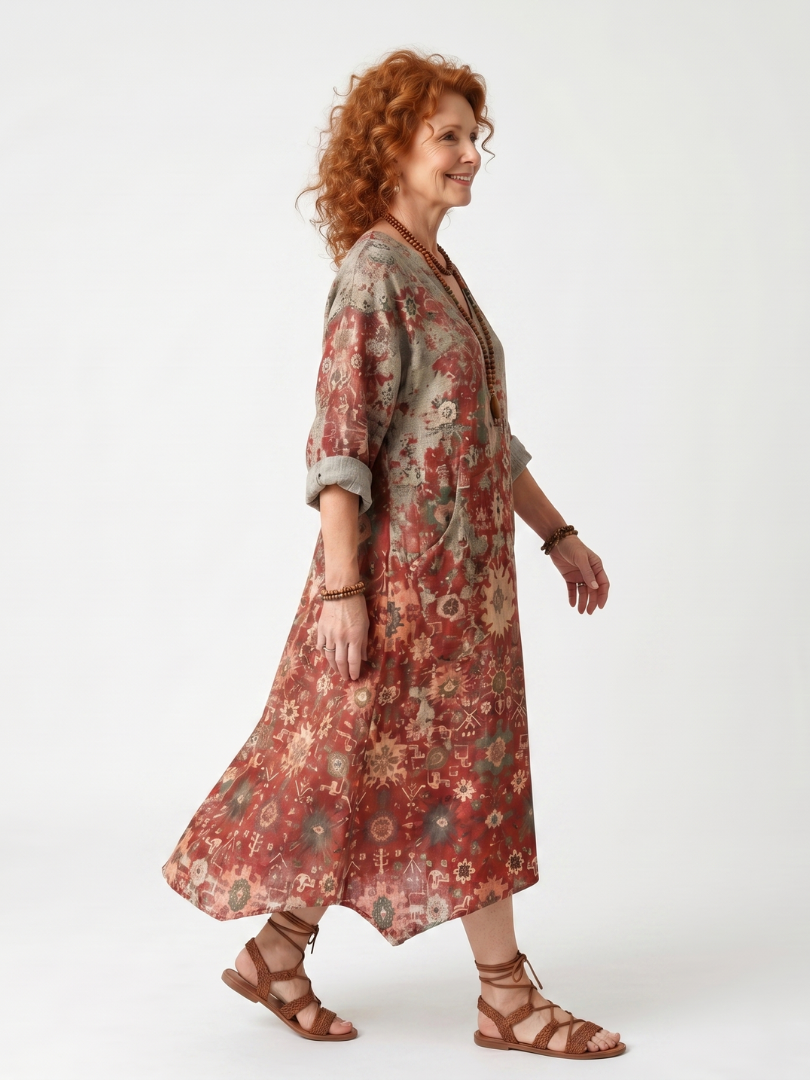 Multicolor Split V-Neck Tapestry Print Roll Sleeve Relaxed Pocket Midi Dress 2