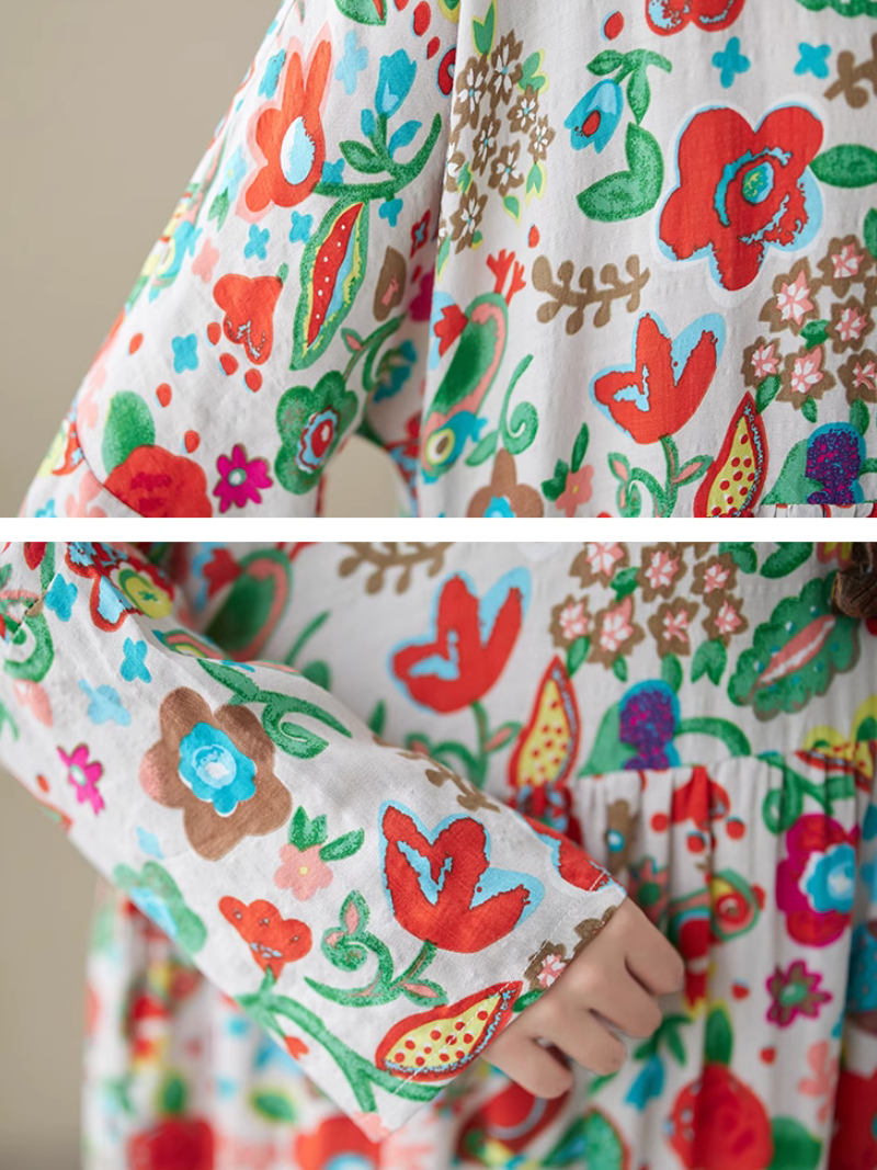 Round Neck Floral Print Long Sleeve Pleated Loose Smock Maxi Dress
