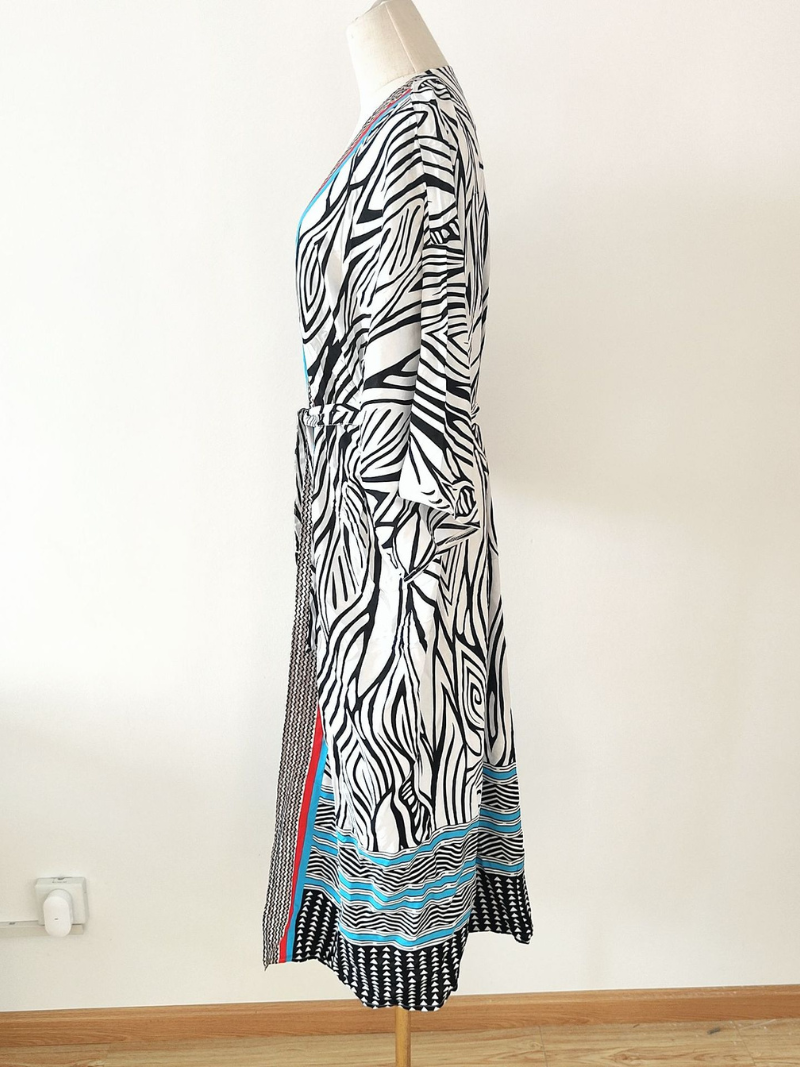 Multi Color Zebra Stripe Print Bordered Tie Waist Long Kimono Robe 2