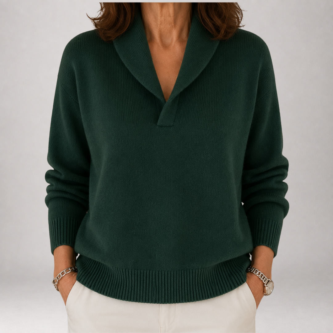 Forest Green Shawl Collar V-Neck Long Sleeve Knit Sweater