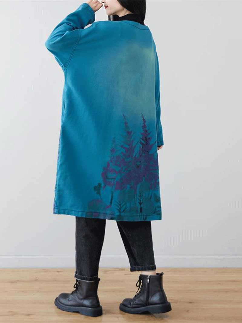 Lake Blue V-Neck Button Front Forest Print Pocket Loose Longline Coat 2