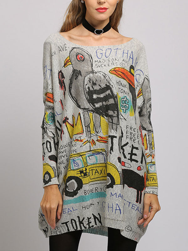 Boat Neck Long Sleeve Graffiti Print Oversized Knit Sweater 2