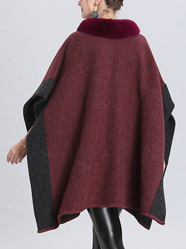 Faux Fur Collar Contrast Trim Pocket Knit Cape