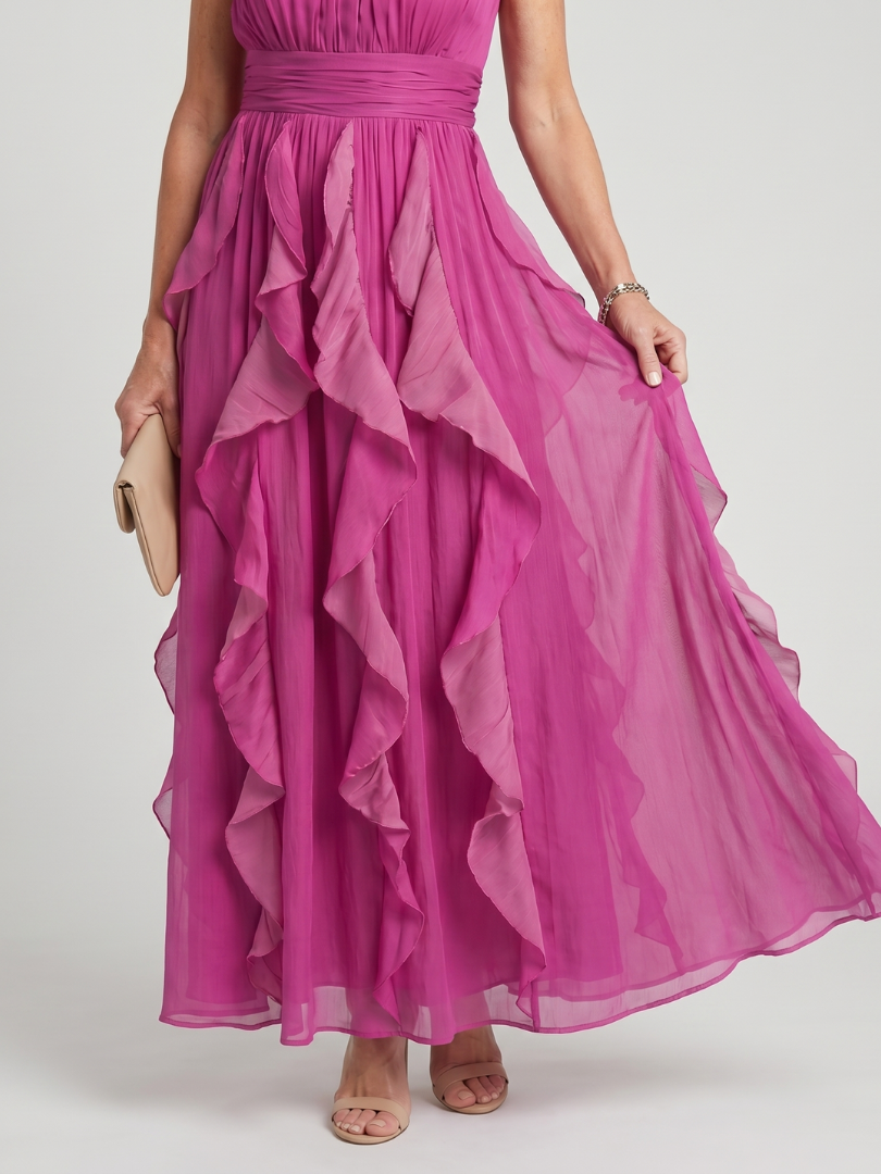 Pink High Neck Halter Sleeveless Cascade Ruffle Chiffon Maxi Gown