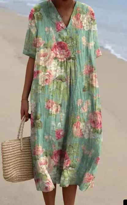 V-Neck Floral Bird Print Short Sleeve A-Line Midi Dress 7