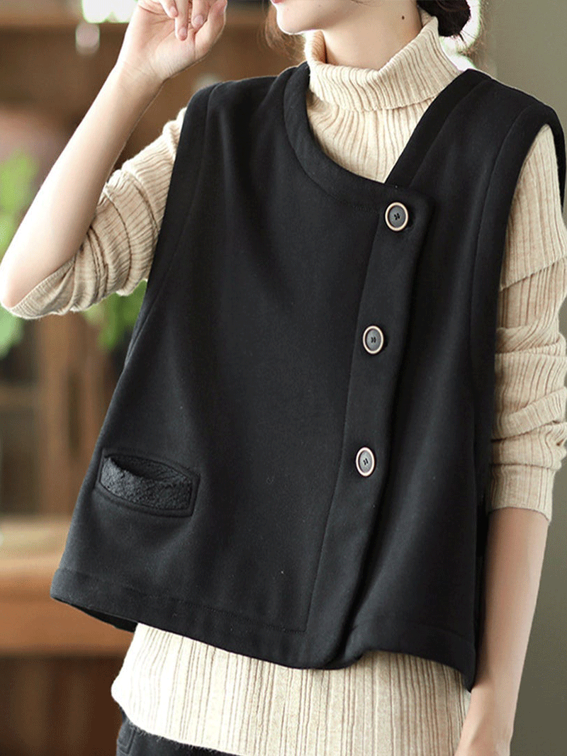 Round Neck Asymmetric Button Sleeveless Pocket Vest 4