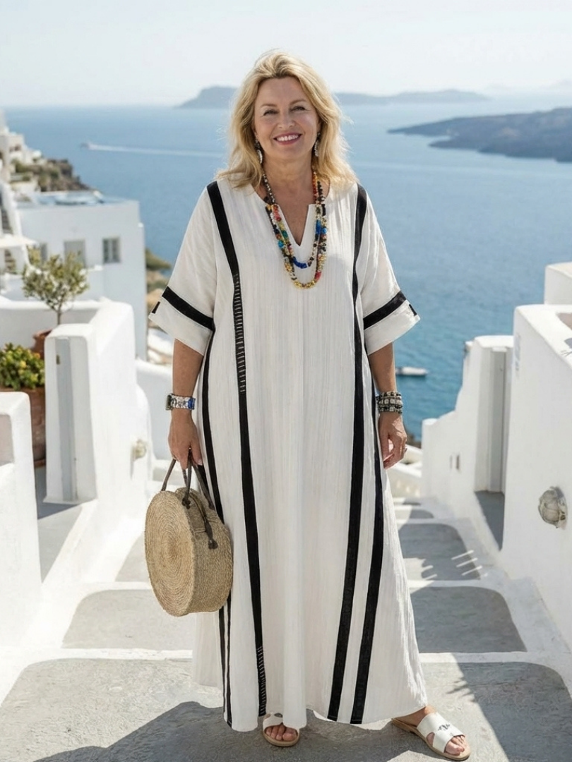 White V-Neck Striped Batwing Sleeve Loose Kaftan Maxi Dress