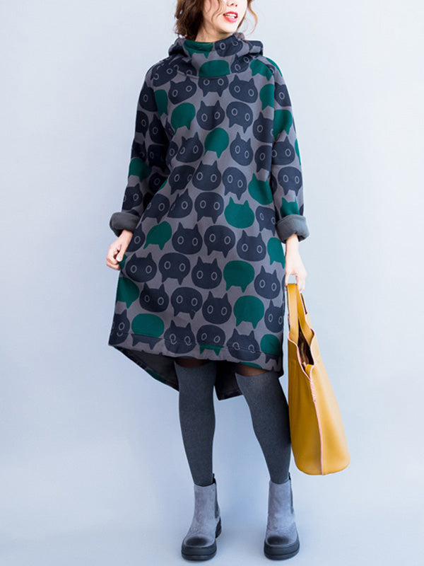 Grey Hooded Cat Print Long Sleeve Oversized Sweatshirt Midi Dress 4