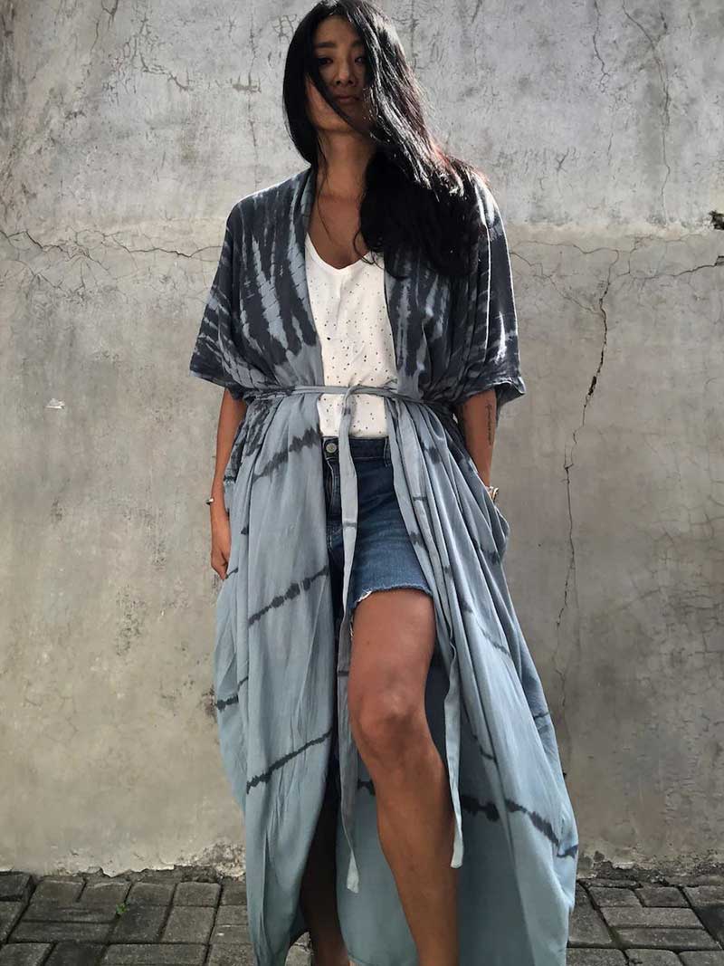 Tie-Dye Print Belted Short Sleeve Long Kimono Duster Robe 4