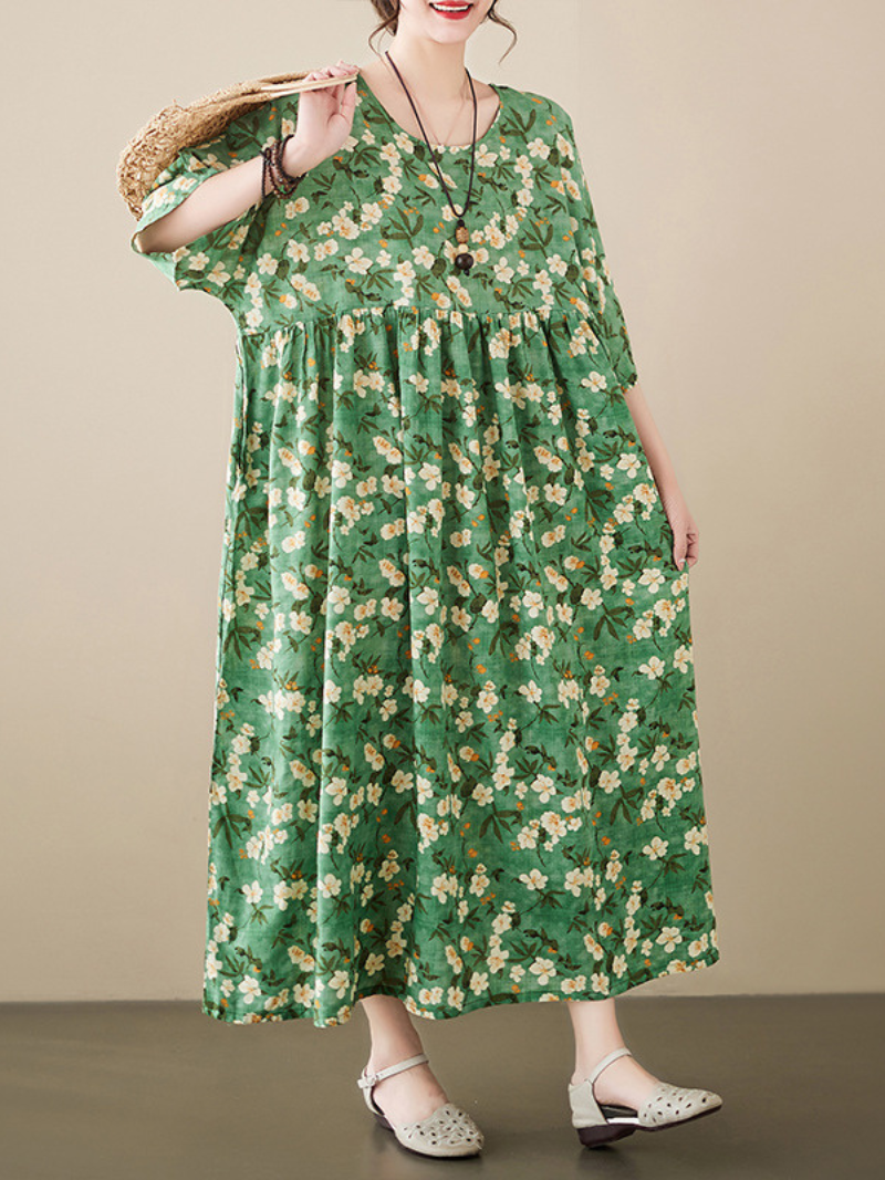 Green Round Neck Floral Short Sleeve Pleated Loose Smock Maxi Dress