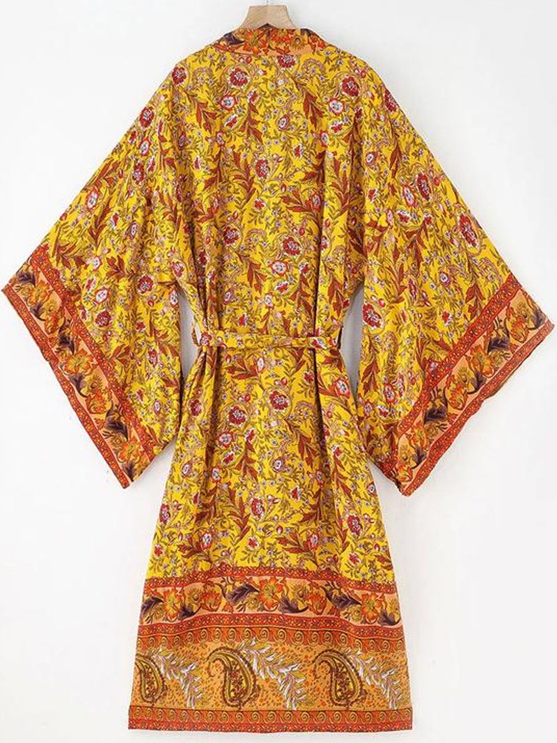 Yellow Bohemian Floral Print Tie Waist Long Wide Sleeve Kimono Robe 2