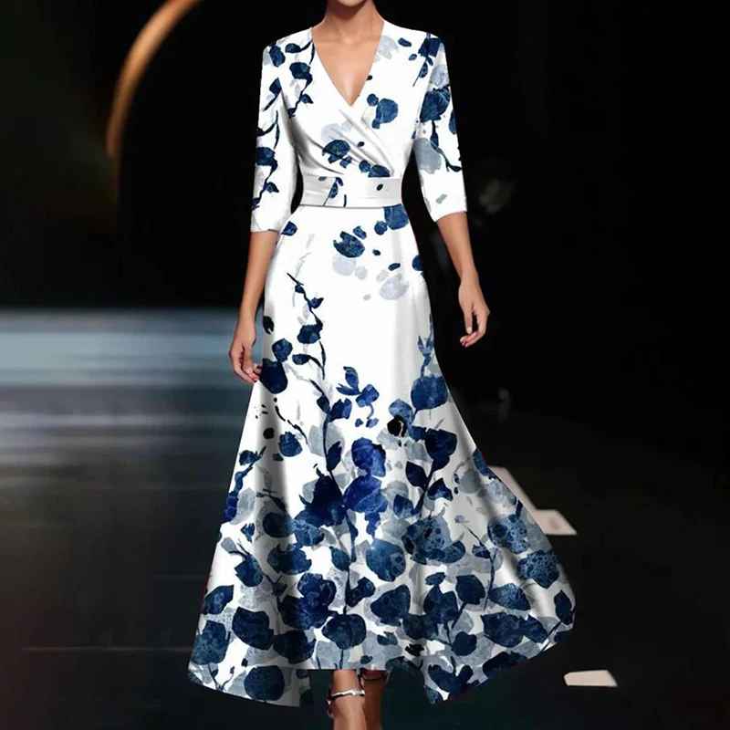 V-Neck Floral Print Wrap Belted A-Line Maxi Dress