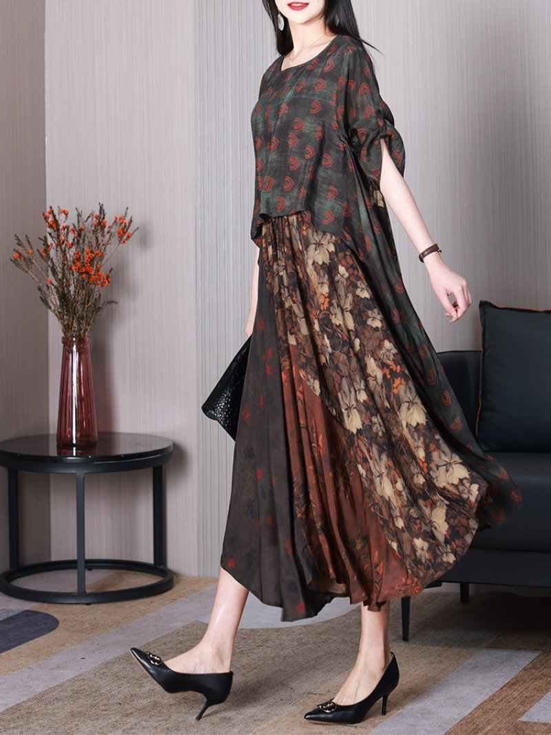 Coffee Round Neck Short Sleeve Floral Patchwork A-Line Midi Dress